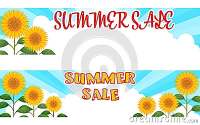 å‘æ—¥è‘µã¨å…¥é“é›²ã¨ã‚µãƒ³ãƒãƒ¼ã‚¹ãƒˆã®èƒŒæ™¯ã¤ãã‚¤ãƒ©ã‚¹ãƒˆã€ã‚µãƒžãƒ¼ã‚»ãƒ¼ãƒ«ã®æ–‡å­—å…¥ã‚Šã€2 Stock Photo